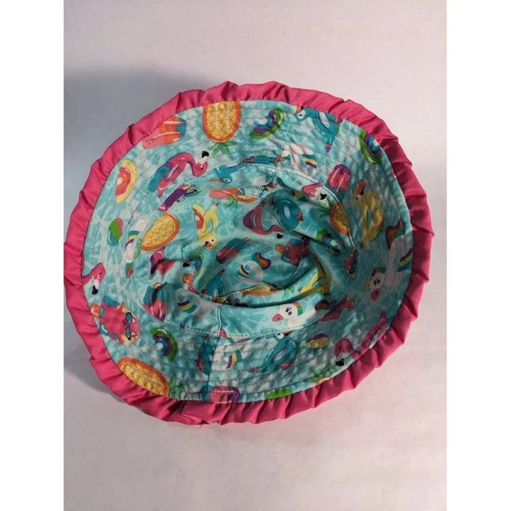 UV Skinz Girls Reversible Bucket Hat Pink Tropical Flamingo Sun Ruffle Brim 4-6